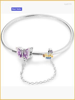 Sterling Silver Snake Chain Charm Bracelet with Heart Clover Butterfly